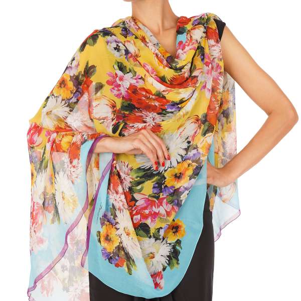 Large flower and logo printed silk Scarf / Foulard in blue, yellow and red by DOLCE & GABBANA
