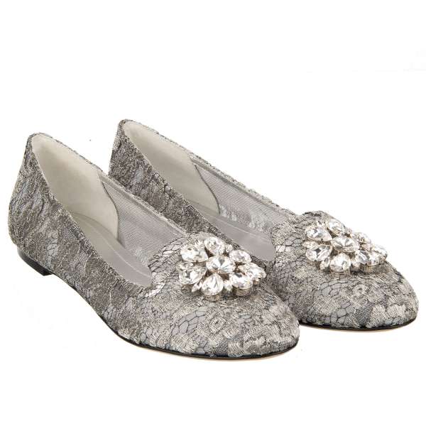 Taormina Floral Lace Flats VALLY in silver with crystal brooch by DOLCE & GABBANA