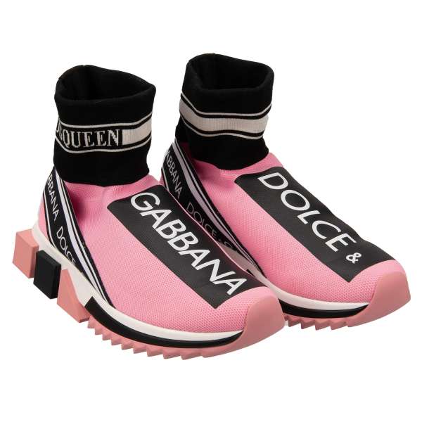 Elastic Slip-On High Top Sneaker SORRENTO with DG Queen and Dolce&Gabbana Logo stripes in pink, white and black by DOLCE & GABBANA