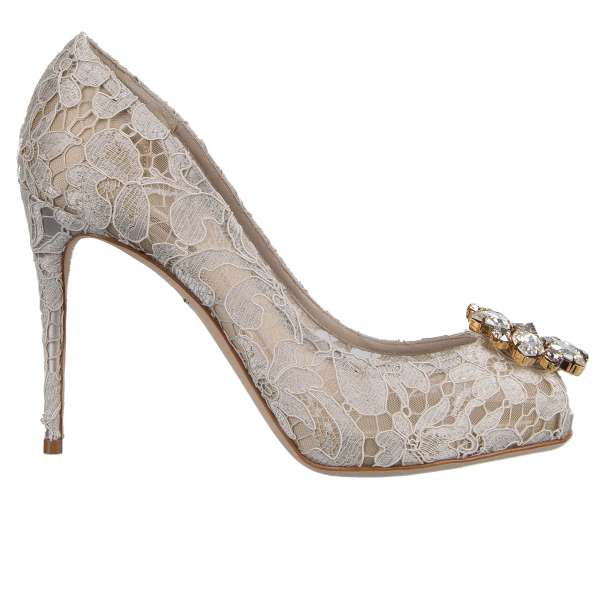 Macrame / Lace Peep Toe Pumps BETTE with crystals brooch by DOLCE & GABBANA