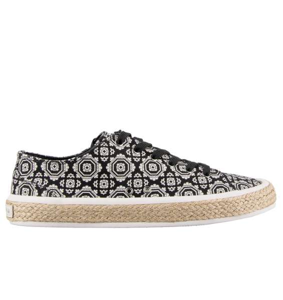 Low-Top Sneaker aus Canvas mit Print, Stroh-Sohle und Logo Schild on DOLCE & GABBANA Black Label