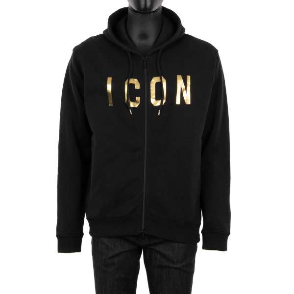Wide cut cotton Hoody ICON with Logo Print in Black and Gold by DSQUARED2