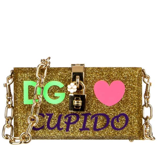 Glitzer Schultertasche / Clutch DOLCE BOX aus Plexiglas mit mehrfarbigem Schriftzug DG Cupido, Kettenriemen und dekorativem Schloss mit Blume von DOLCE & GABBANA