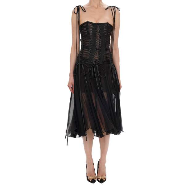 Midi Korsett transparentes Kleid aus Seide mit Schnürung in Schwarz von DOLCE & GABBANA
