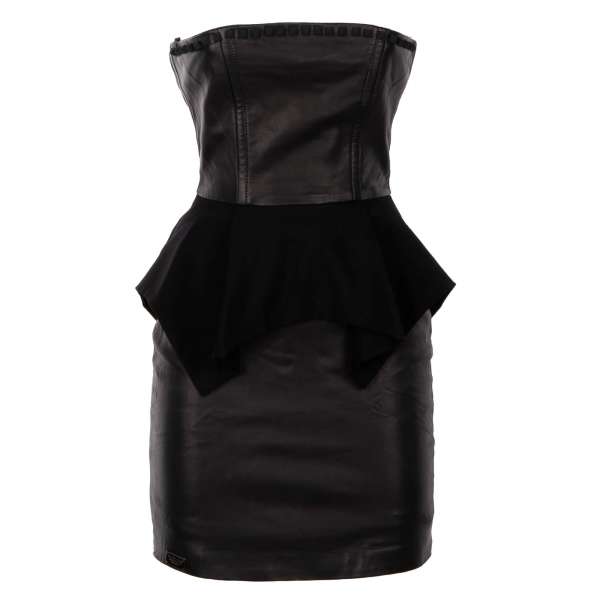 Short and stretch leather dress with basque and velvet studs embellishments in black by PHILIPP PLEIN