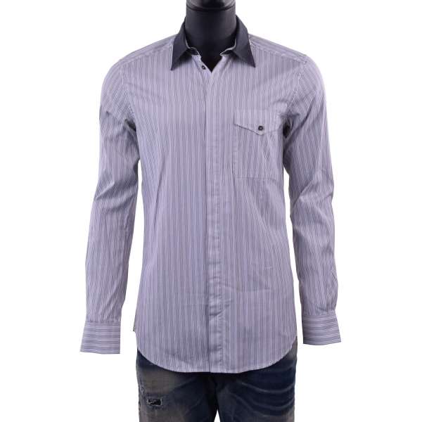 Striped printed shirt with front pocket and contrast collar in white / gray by DOLCE & GABBANA Black Label - SICILIA Line