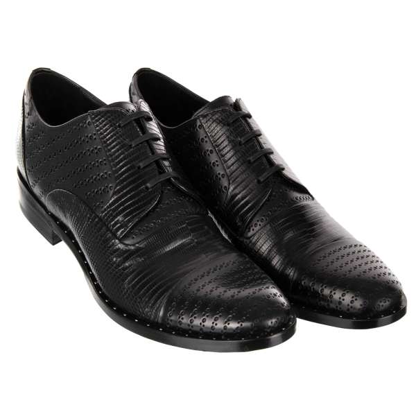 Exklusive, formelle Patchwork Derby Schuhe NAPOLI aus Eidechse und Kalbsleder in Schwarz von DOLCE & GABBANA