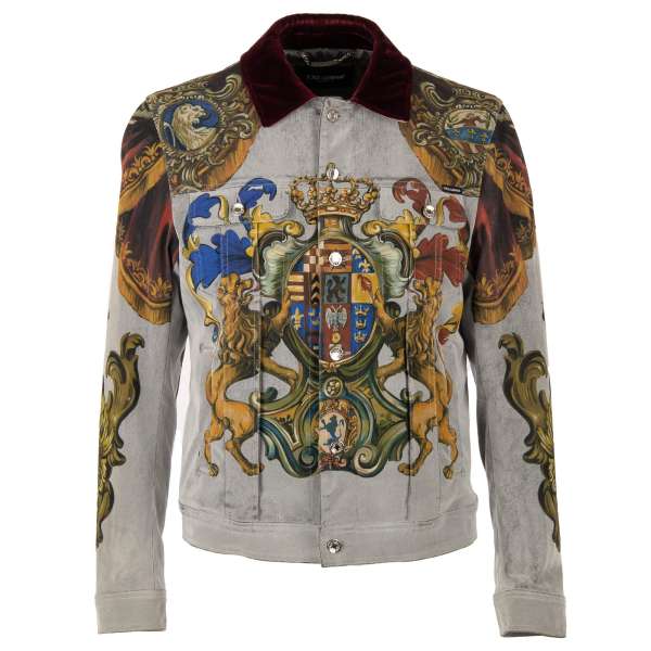 Jacke aus mit Samt beschichtetem Denim mit Sicilia Wappen und Krone Print, Taschen und Logo Sticker von DOLCE & GABBANA
