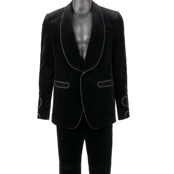 Virgin wool crown pattern suit with crystal bee on the silk shawl lapel in black by DOLCE & GABBANA 