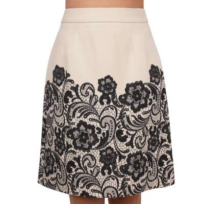 Floral Lace Virgin Wool Skirt Black White