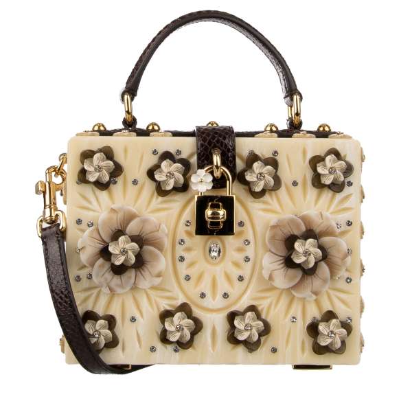 Handgemachte Handtasche / Clutch DOLCE BOX beschmückt mit Blumen und Kristallen, Details aus Schlangenleder und dekorativem Schloss mit emaillierter Blume von DOLCE & GABBANA