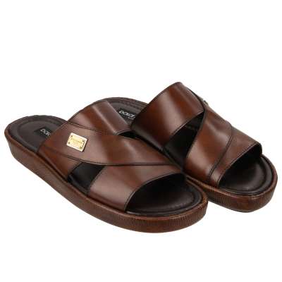 Slide Sandalen aus Leder MEDITERRANEO mit Logo Schild Braun