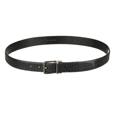 Classic Silver Metal Buckle Croco Leather Belt Black 90 36