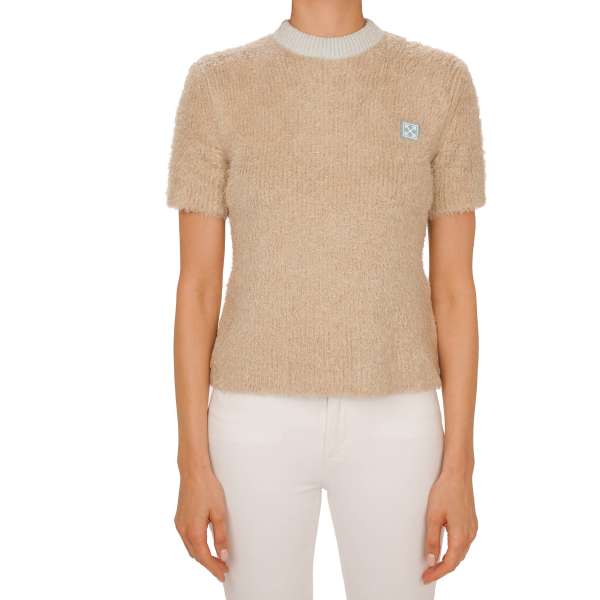Cotton blend fluffy Top Sweater with rubber Logo in beige by OFF-WHITE c/o Virgil Abloh 