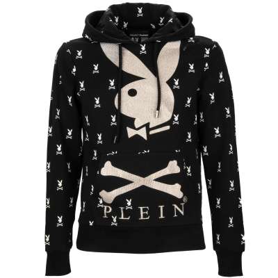 Crystals Logo Embroidered Bunny Hoodie Sweater Black White