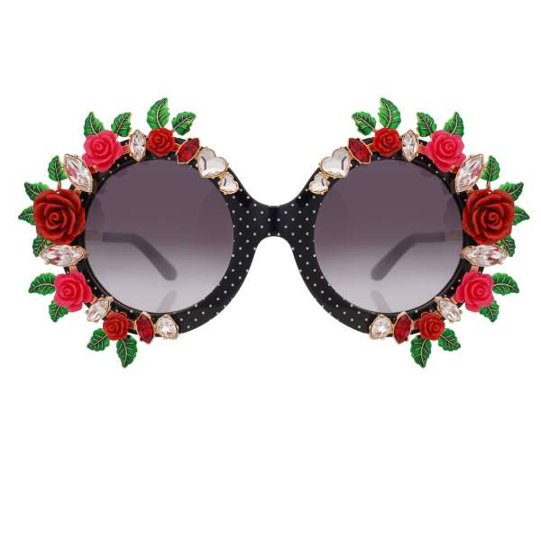 Limited Edition Polka Dot runde Oversize Sonnenbrille mit Rosen Blumen und Kristallen von DOLCE & GABBANA