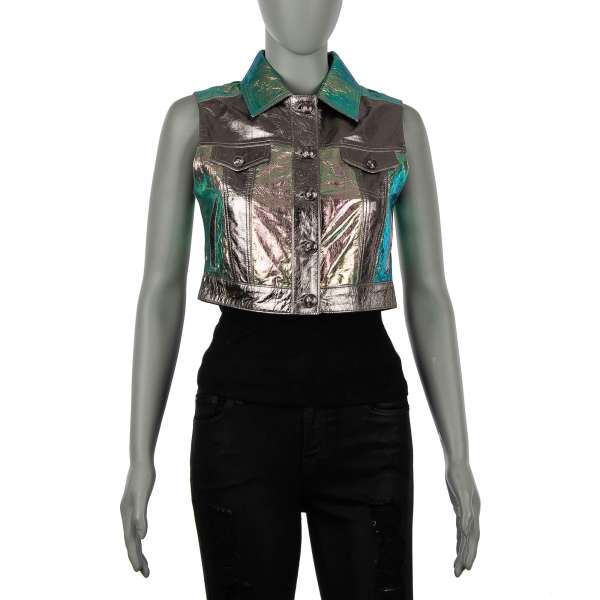 Metallic effect leather short Vest Jacket RAINBOW in green, pink and silver by PHILIPP PLEIN COUTURE