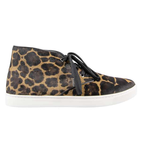High-Top calf fur sneakers LONDON with leopard print and logo in black / brown by DOLCE & GABBANA
