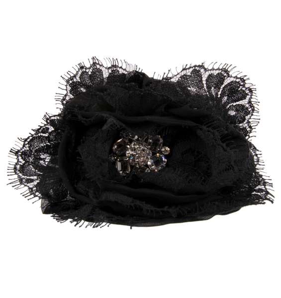 Lace and Silk Hair Clip embellished with two crystals brooches on the side in black by DOLCE & GABBANA
