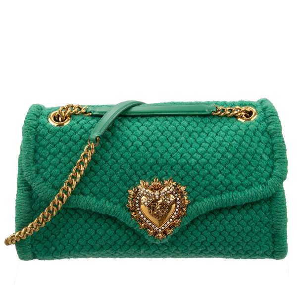 Knitted wool, crochet Crossbody Bag / Shoulder Bag DEVOTION Large with jeweled heart buckle with DG Logo and structured metal chain strap by DOLCE & GABBANA