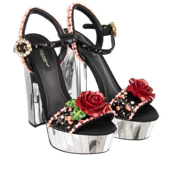 Disco mirror ball heel Leather and Sequin Platform Sandals KEIRA with hand painted rose, crystals applications and crystals buckle by DOLCE & GABBANA