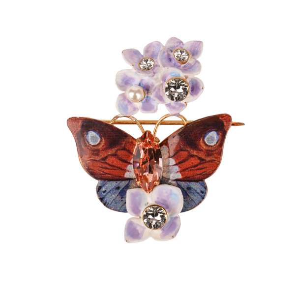  Hortensien Schmetterling Brosche mit Perle und Kristallen in Gold, Pink und Lila von DOLCE & GABBANA