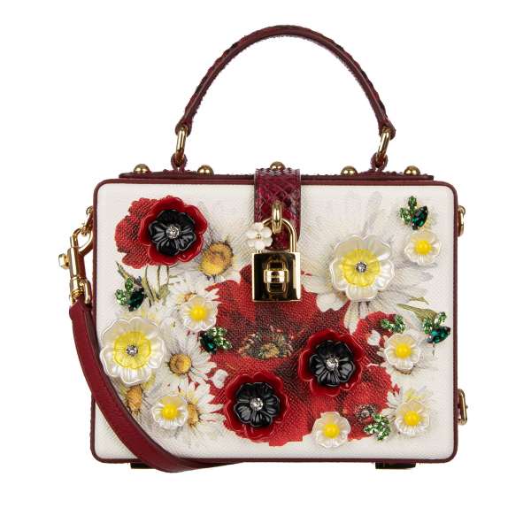 Unique handmade leather clutch / shoulder bag DOLCE BOX with poppy and chamomile print and crystals applications, snakeskin details and decorative padlock by DOLCE & GABBANA