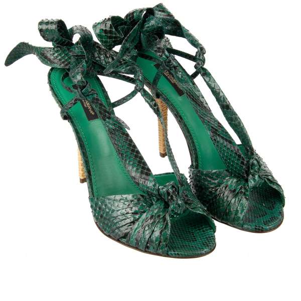 Tropical theme snake and leather Heels Sandals KEIRA with straps in green and beige by DOLCE & GABBANA