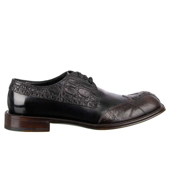 Exclusive stable patchwork Caiman, Ostrich and Calf Leather loafer shoes CROTONE in black and brown by DOLCE & GABBANA