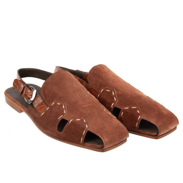 Suede slipper shoes with metal buckle in brown by DOLCE & GABBANA