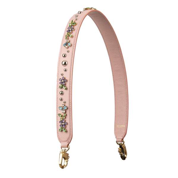 Dauphine leather bag Strap / Handle with pearls and crystal flowers applications in pink and gold by DOLCE & GABBANA