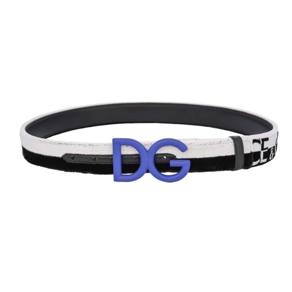  Velvet and calf leather belt with DG rubber and metal buckle in black, white and blue by DOLCE & GABBANA