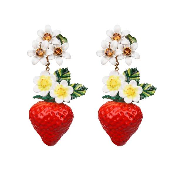 Clip Earrings adorned with hand-painted strawberries and flowers in red, white and gold by DOLCE & GABBANA
