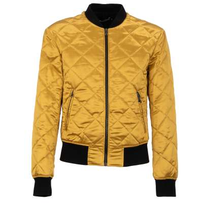 Quilted Silk Bomber Jacket with Zip Pockets Gold Black