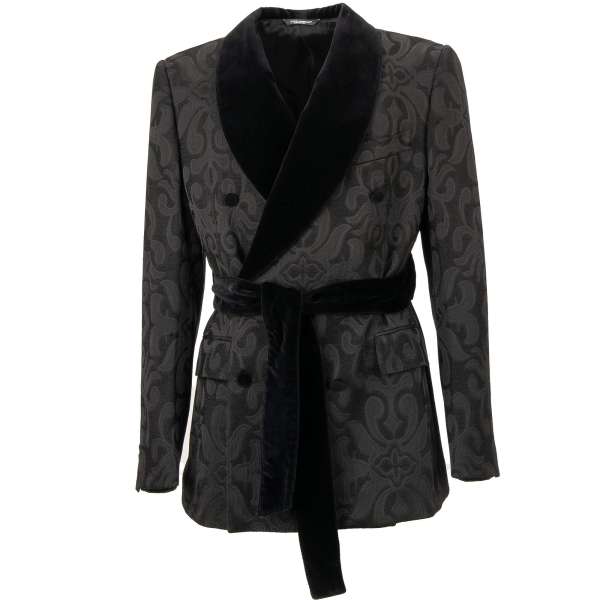 Barock Jacquard Blazer im Mantel-Stil mit Samt Revers mit Gürtel-Verschluss in Schwarz von DOLCE & GABBANA