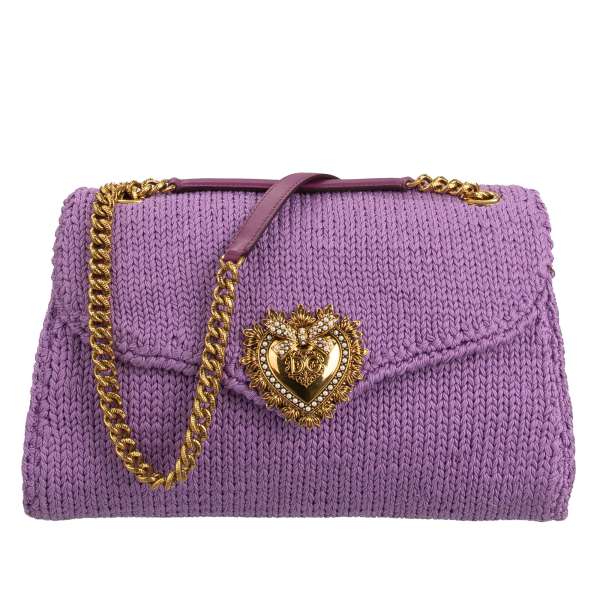 Knitted cotton, crochet Crossbody Bag / Shoulder Bag DEVOTION Large with jeweled heart buckle with DG Logo and structured metal chain strap by DOLCE & GABBANA