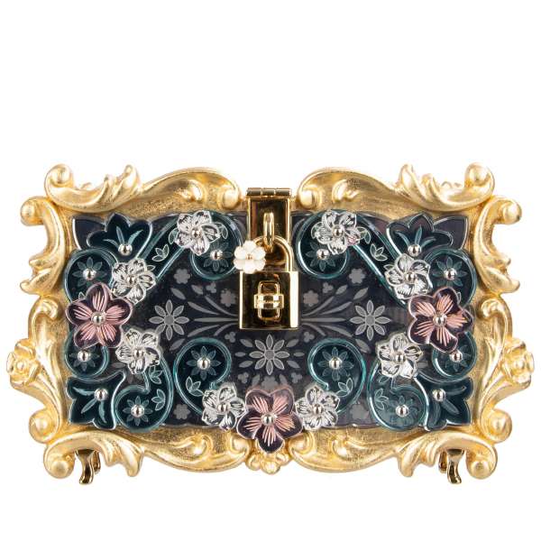 Crystal flowers and mirror embellished plexiglas and wood bag / shoulder bag / clutch DOLCE BOX with decorative padlock with flower in gold, blue and pink by DOLCE & GABBANA