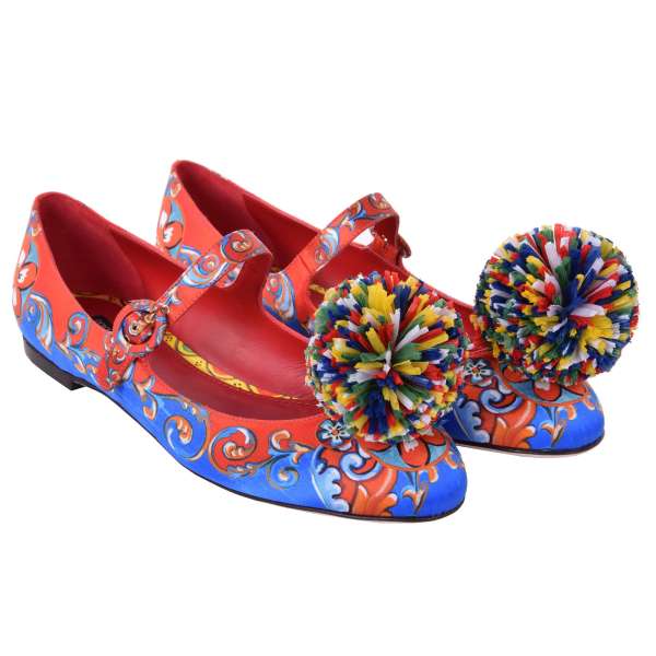 Pointed Carretto and Flower Print Jacquard Flats BELLUCCI in red with crystal brooch by DOLCE & GABBANA