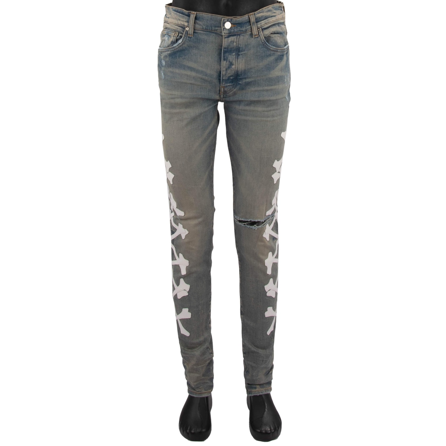 AMIRI Bones Applique Skinny Stretch Jeans Pants with Leather