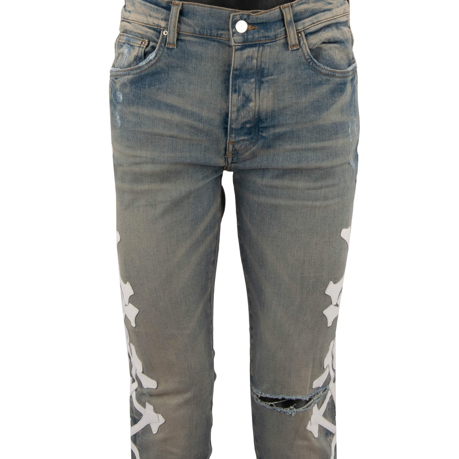 AMIRI Bones Applique Skinny Stretch Jeans Pants with Leather Bones