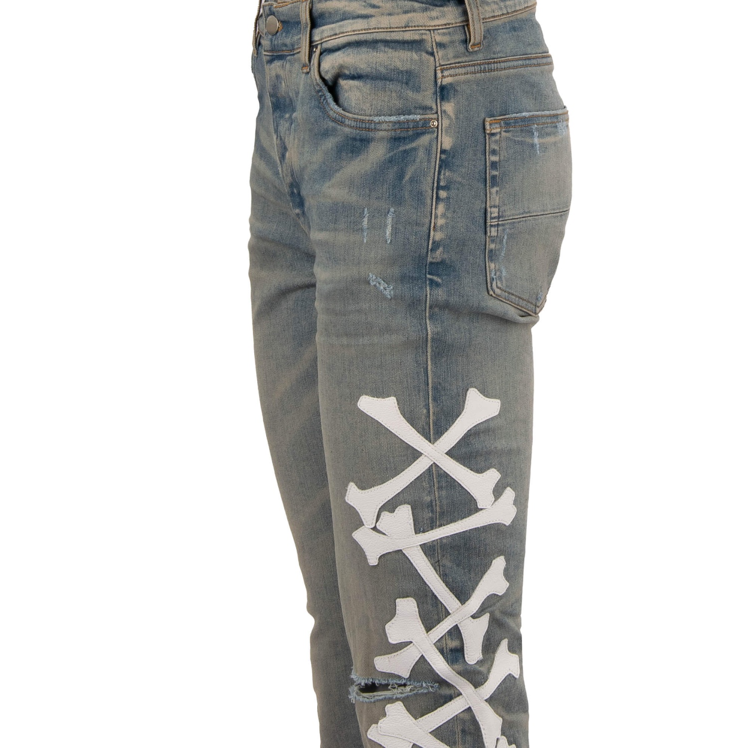 AMIRI Bones Applique Skinny Jeans Hose mit Leder Knochen 