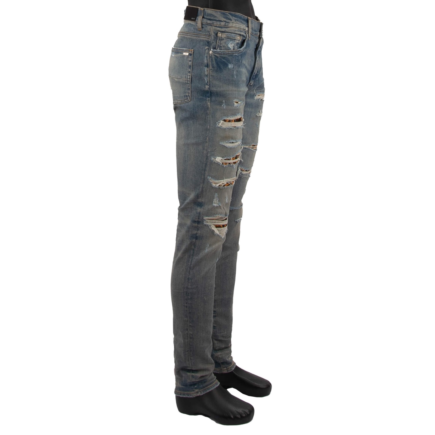 AMIRI Leopard Thrasher Skinny Stretch Jeans Pants with Fur Leather