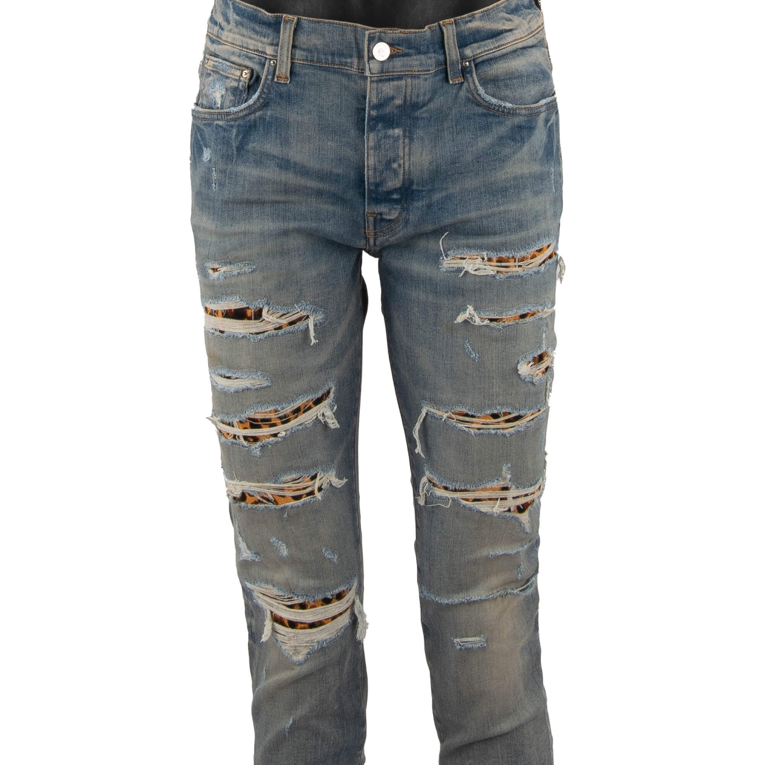 AMIRI Leopard Thrasher Skinny Stretch Jeans Pants with Fur Leather 