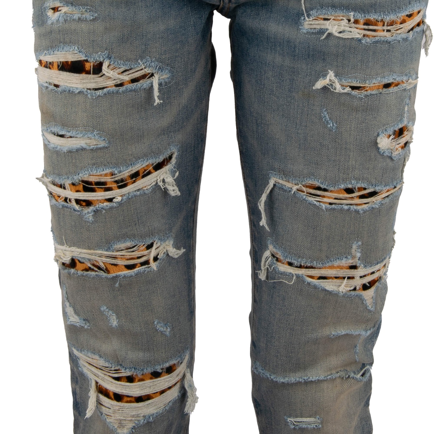 AMIRI Leopard Thrasher Skinny Stretch Jeans Pants with Fur Leather
