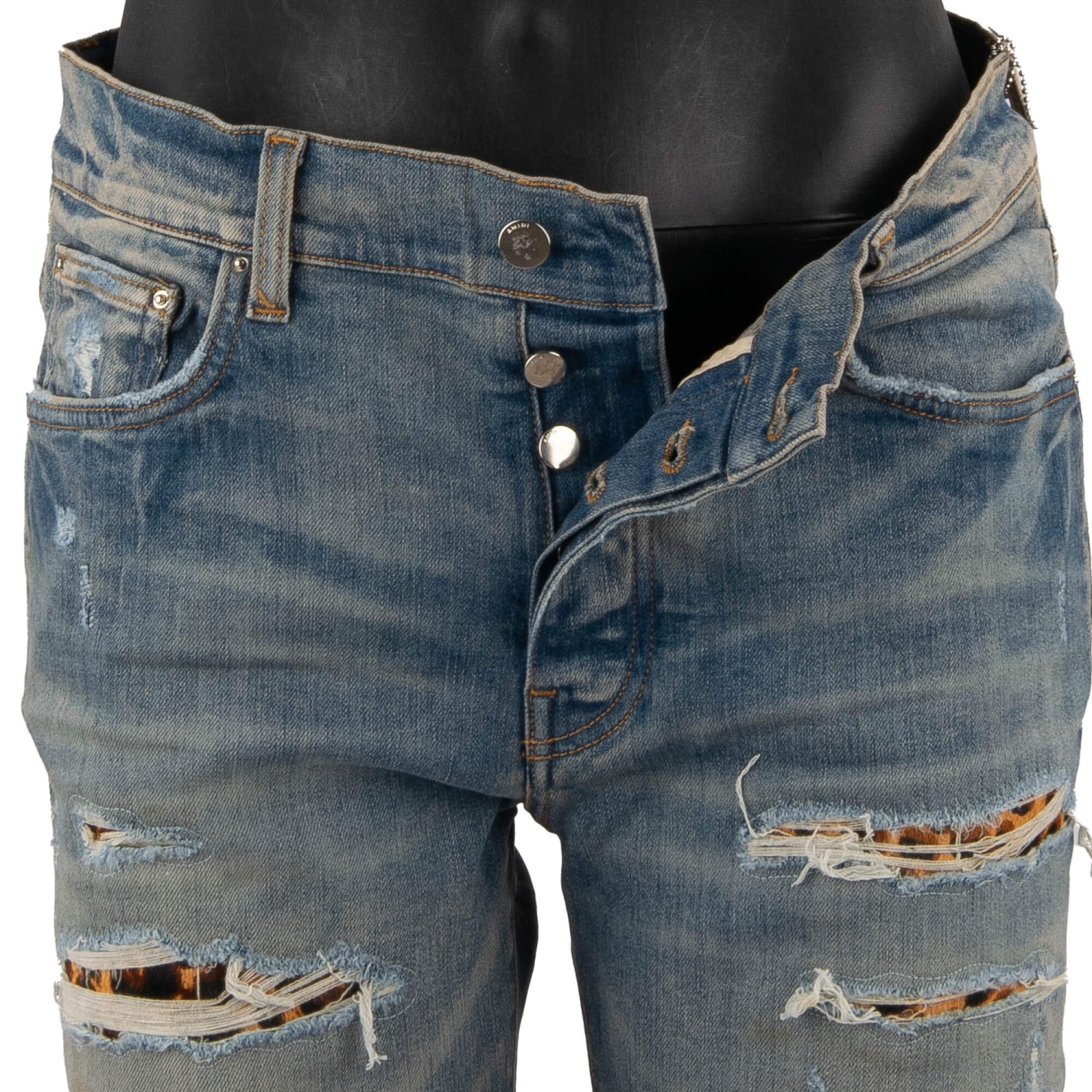 AMIRI Leopard Thrasher Skinny Stretch Jeans Pants with Fur Leather