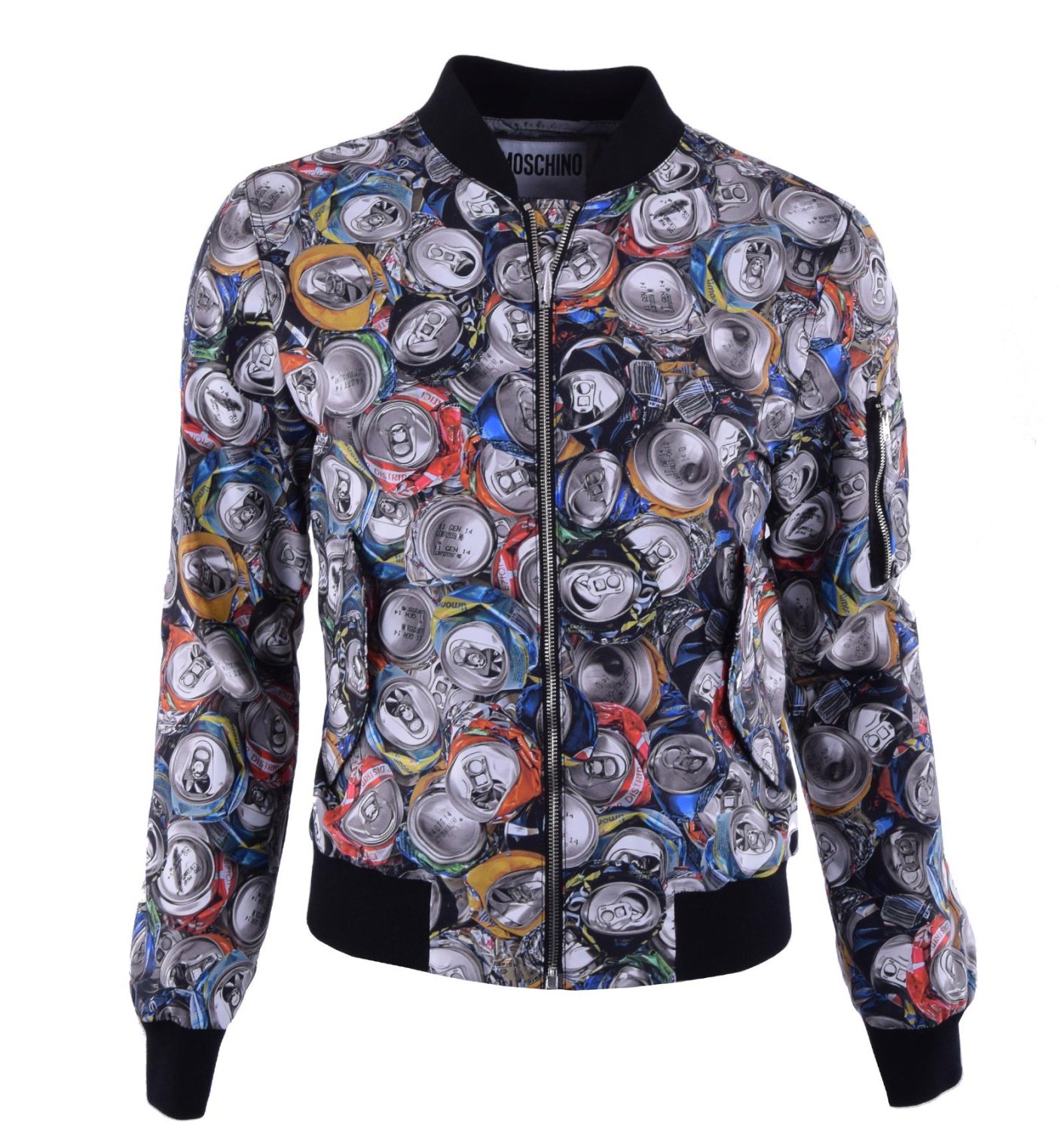 MOSCHINO COUTURE Nylon Bomber Jacket Beverage Cans Print Gray