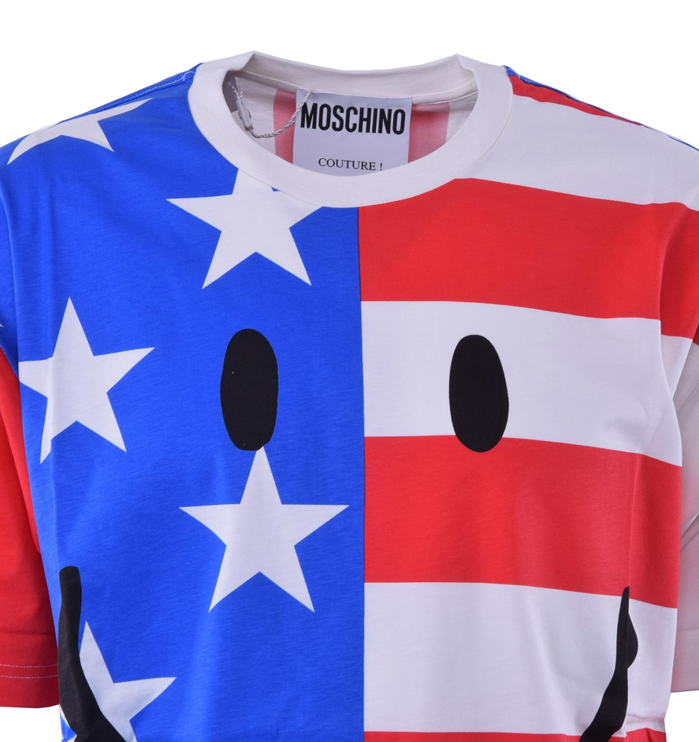MOSCHINO COUTURE Wide Cut Cotton T-Shirt with Flags Print