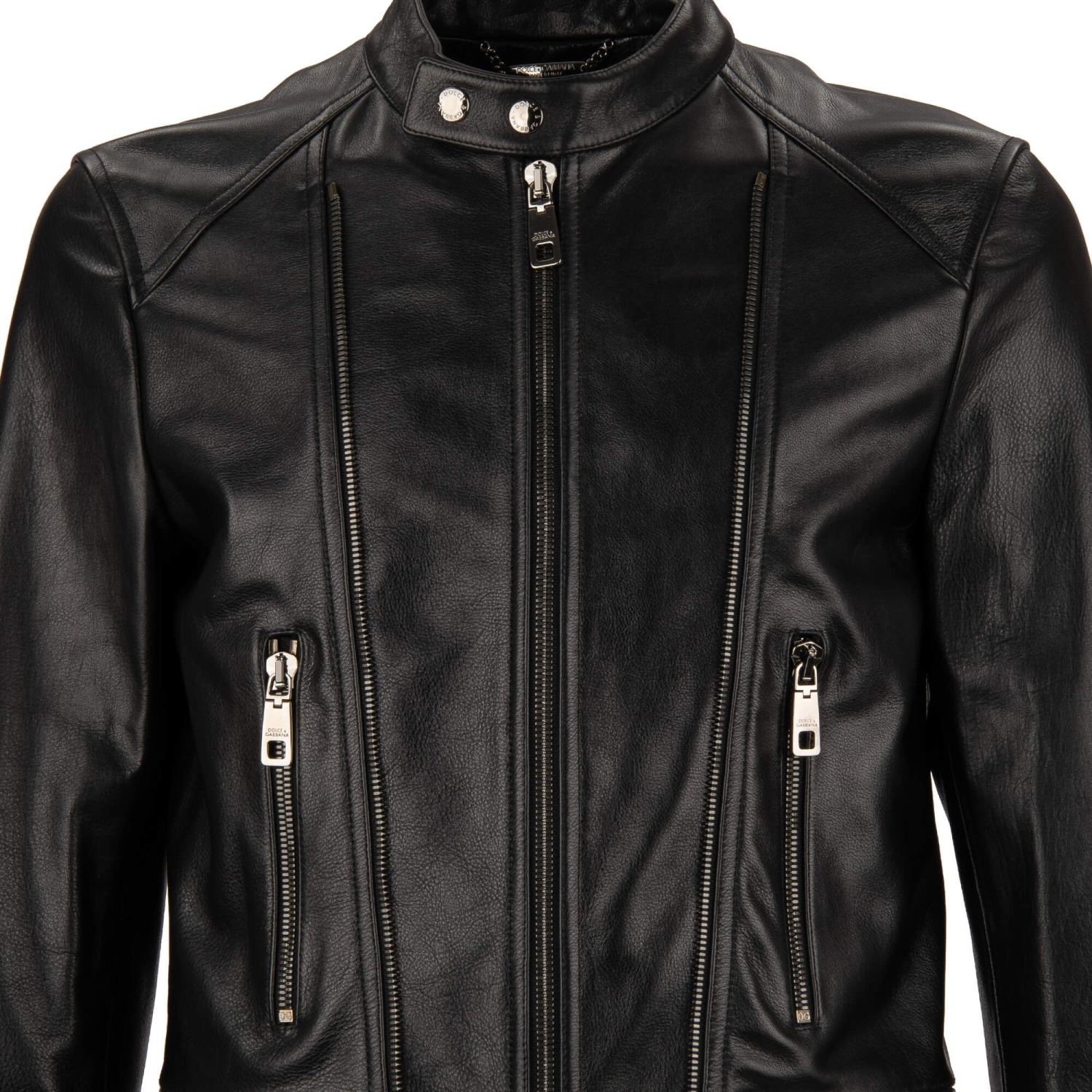 DOLCE & GABBANA Biker Leather Jacket with Pockets, Zips, Buckles
