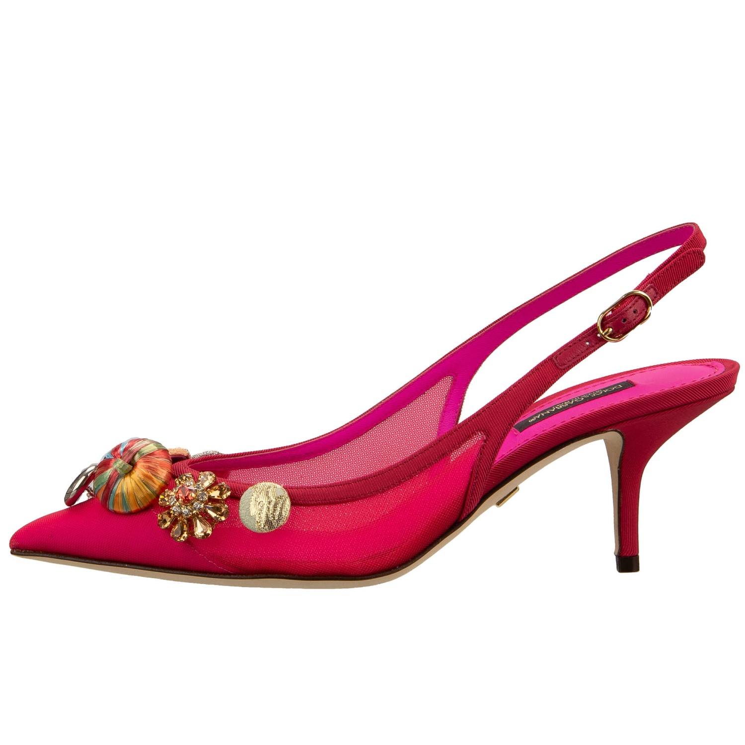 DOLCE & GABBANA Crystal Brooch Net Slingback Pumps Heels