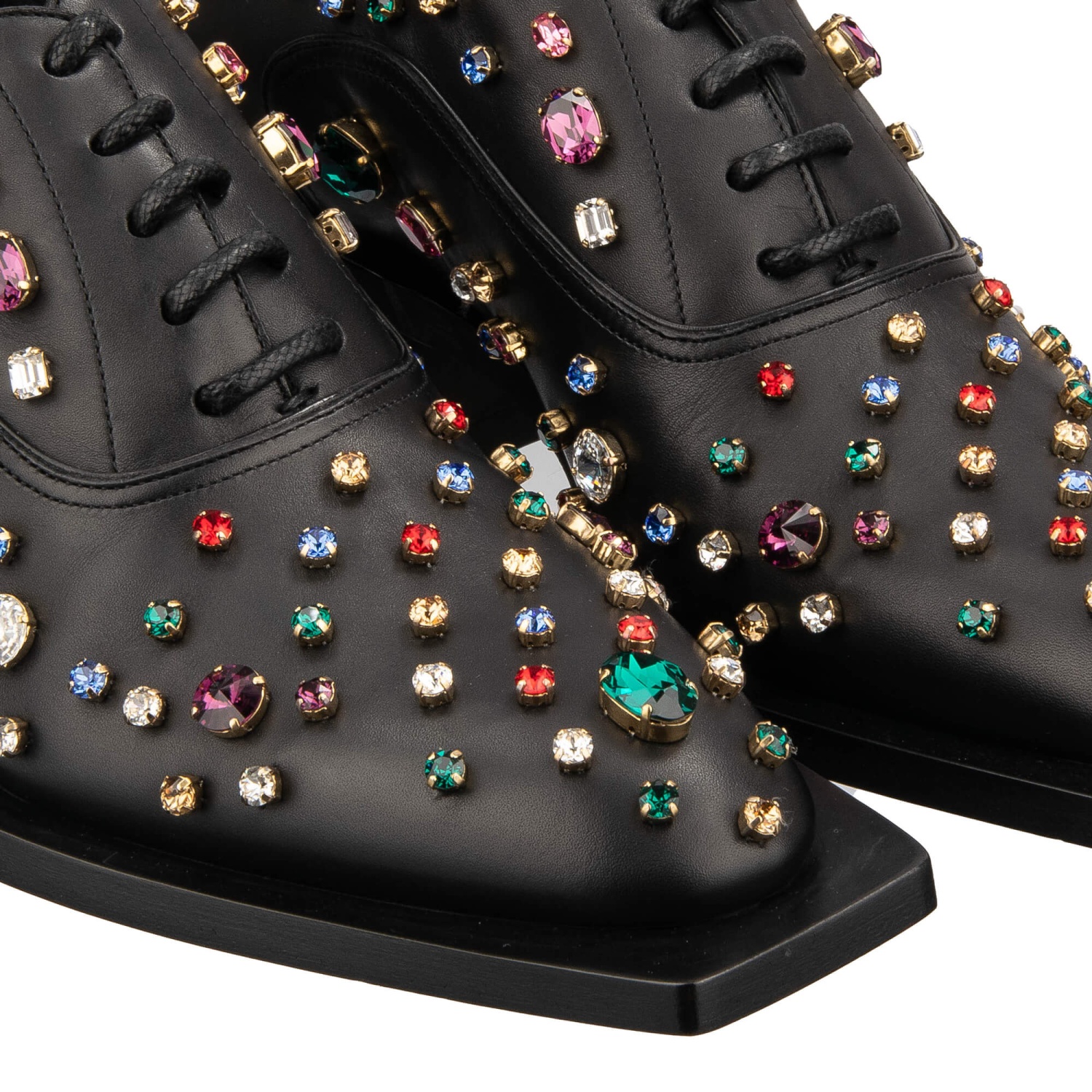 Derby Dolce & Gabbana Noir - Cuir, Logo Cristal, Dentelle - Neuf Avec étui